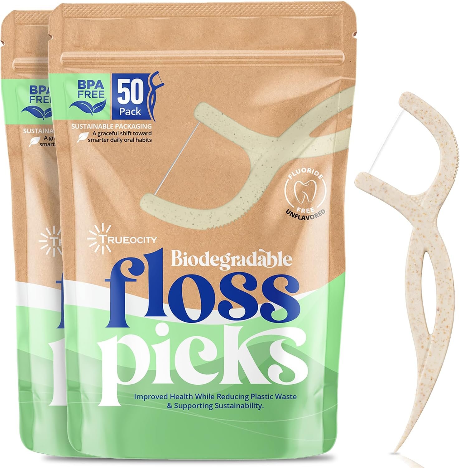 Biodegradable Floss Picks, 100 Count, 2 Cases, Dental Floss Picks that are Plant-Based, Non-Toxic flossers Biodegradable, Sustainable Vegan Floss, Also eco-Friendly Tooth flossers,Oral Care Solution