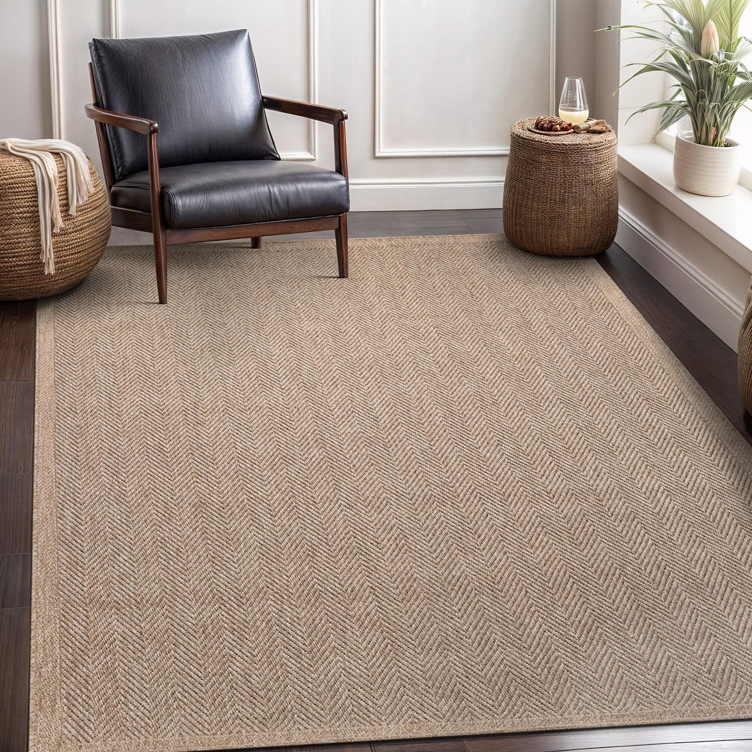 CAMILSON Easy Jute Rug 8×10, Indoor Outdoor Natural Color Fiber Area Rugs for Living Room and Patio Rug Herringbone Seagrass Boho Woven Design Easy-Cleaning Washable Outside Carpet Alfombras 8 x 10