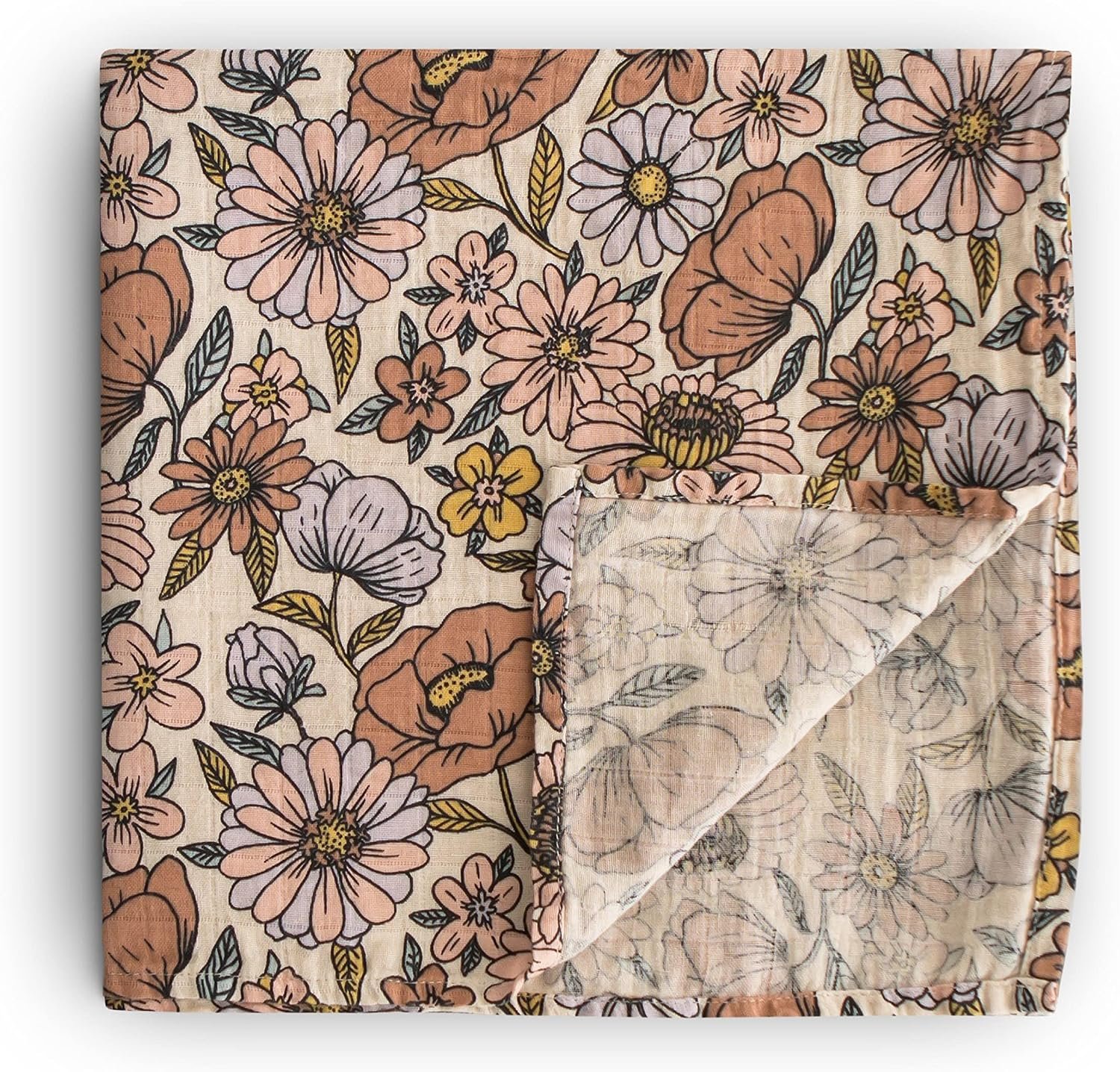 mushie Muslin Baby Swaddle Blanket | 100% Organic Cotton (Retro Flowers)