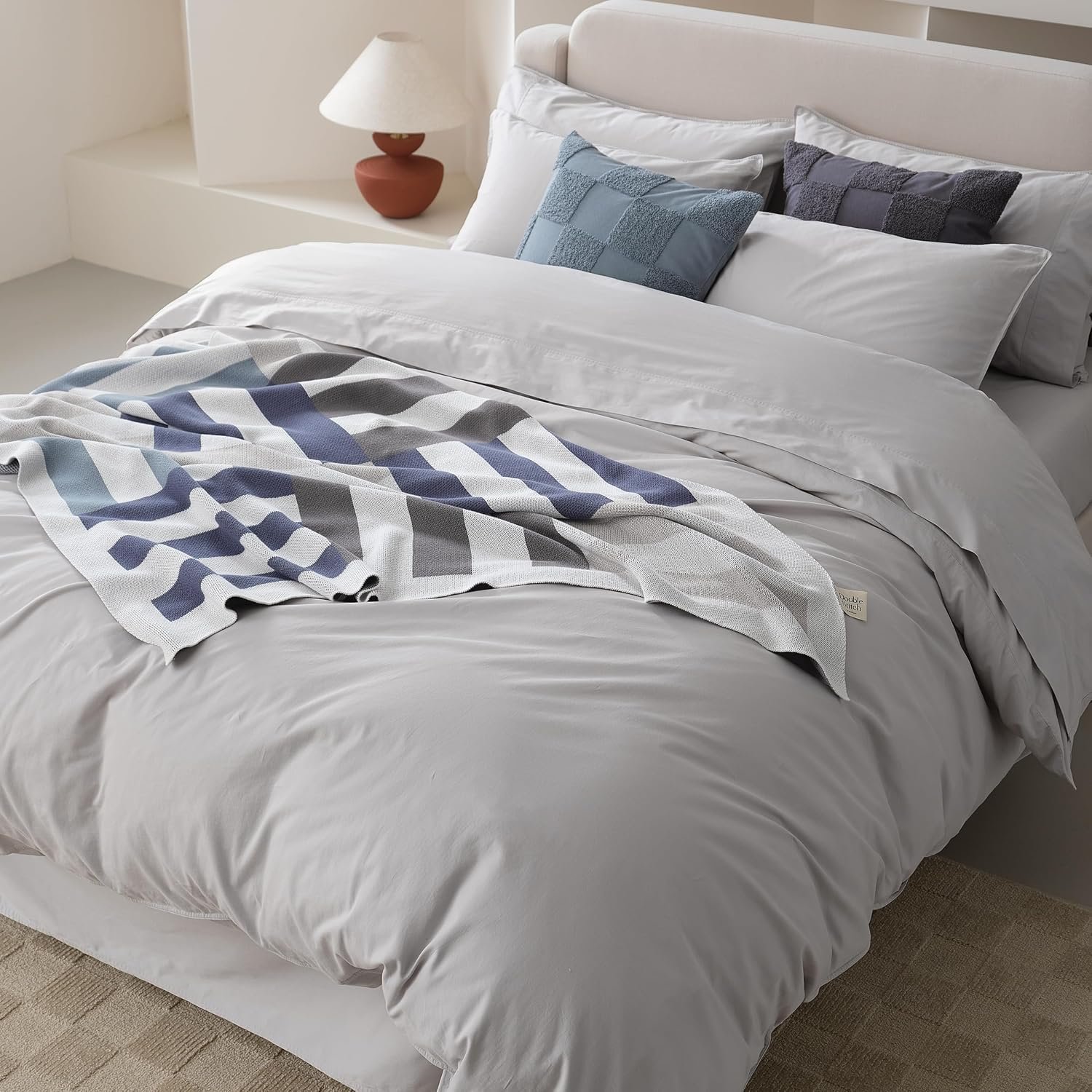 Double Stitch GOTS Organic Cotton Queen Duvet Cover, Washed 300TC, Grey