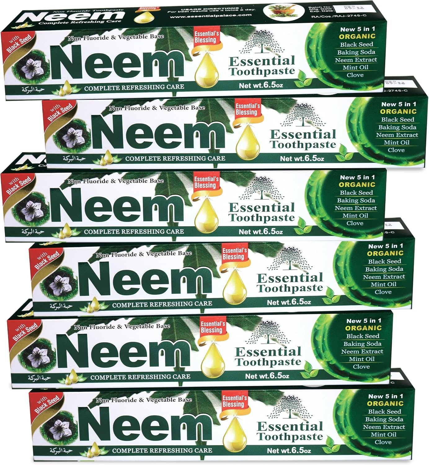 NEEM Essential Toothpaste – 6.53 oz Pack of 6 | New 5 in 1, Fluoride Free