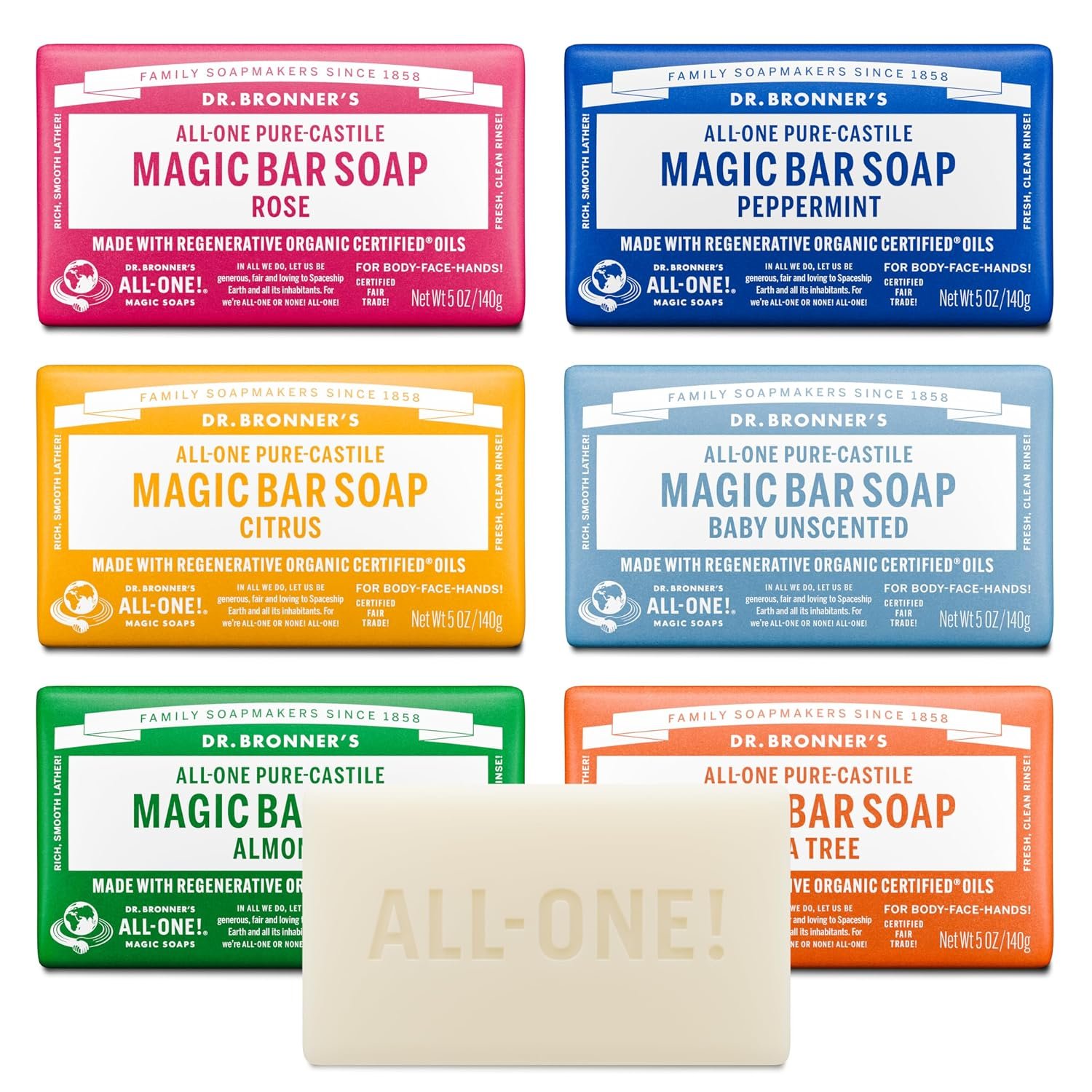 Dr. Bronner’s Pure-Castile Bar Soap for Men & Women, 5 oz, Variety 6-Pack