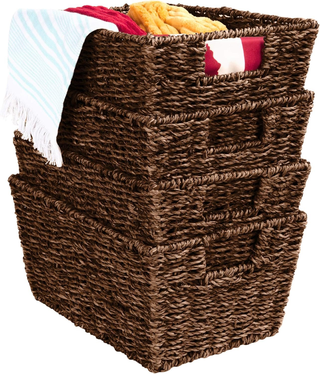 Best Choice Products Rustic Set Of 4 Multipurpose Stackable Seagrass Storage Basket, Handwoven Laundry Organizer Totes for Bedroom and Living Room, Shelves, Pantry w/Insert Handles – Brown