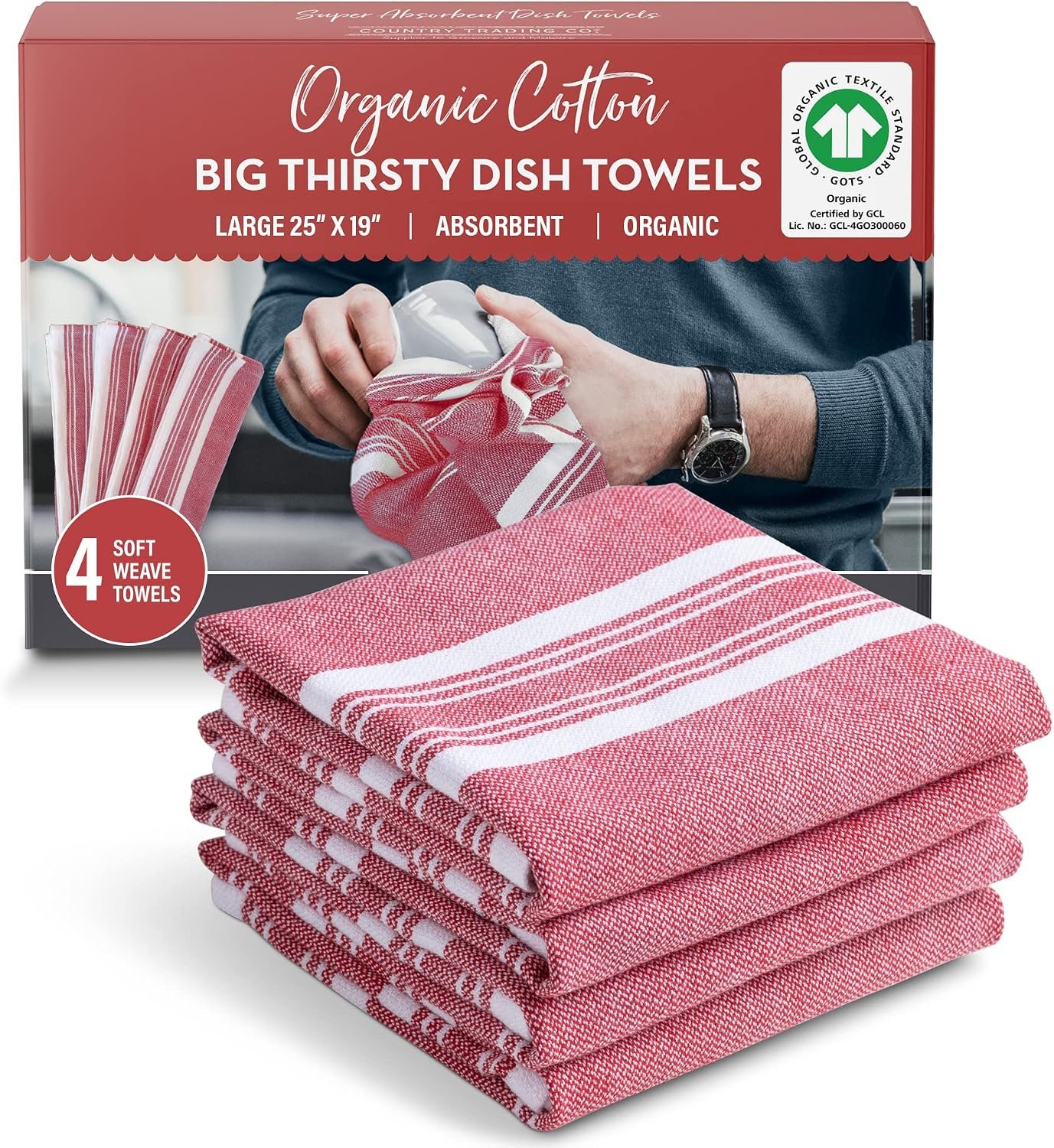 Country Trading Co. Big Thirsty Dish Towels – Organic Cotton Super Absorbent Kitchen Towels, Set of 4 – Soft Weave Machine Washable Tea Towels – 25” x 19” (Red)