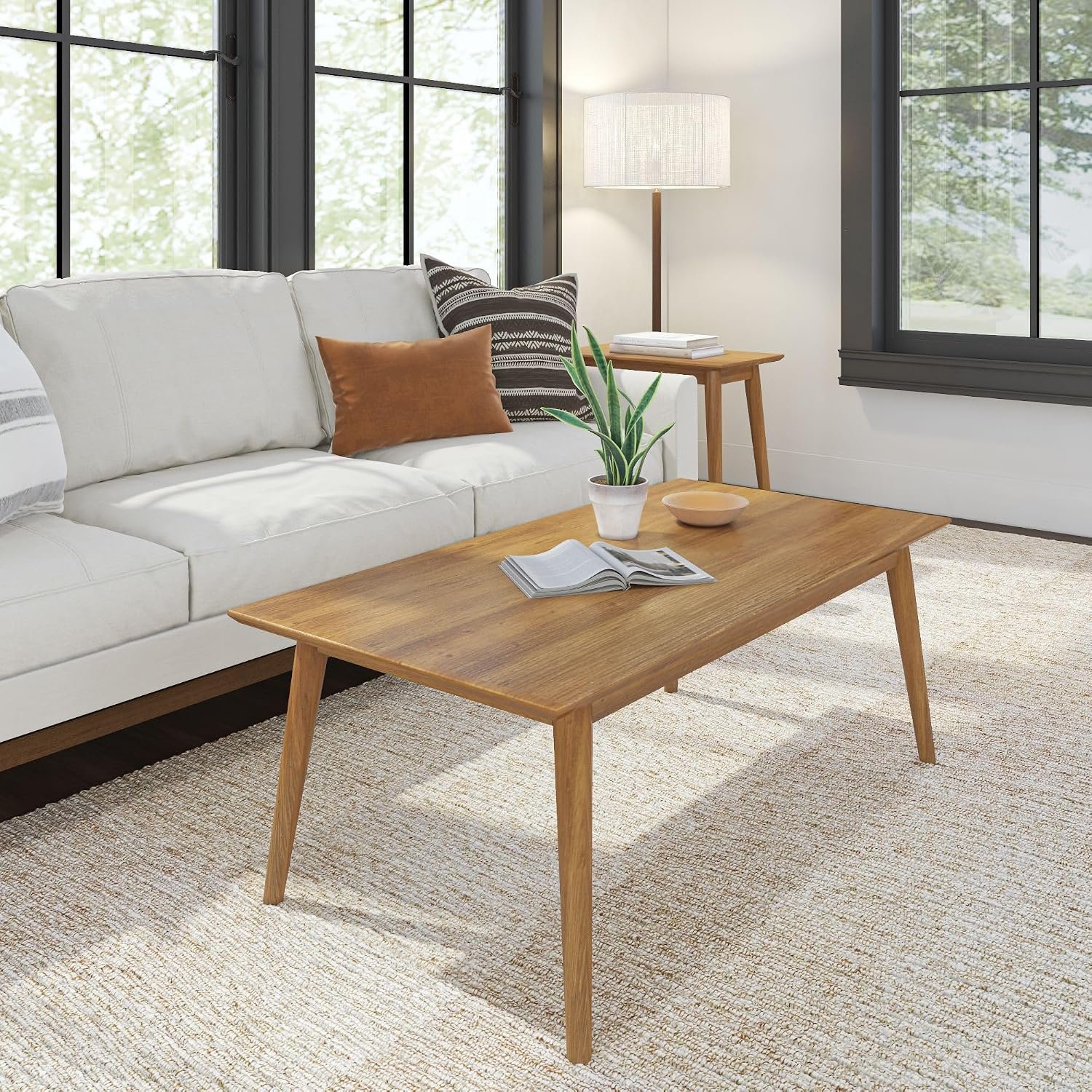 Plank+Beam Mid Century Modern Coffee Table, 48 Inch, Rectangular, Pecan