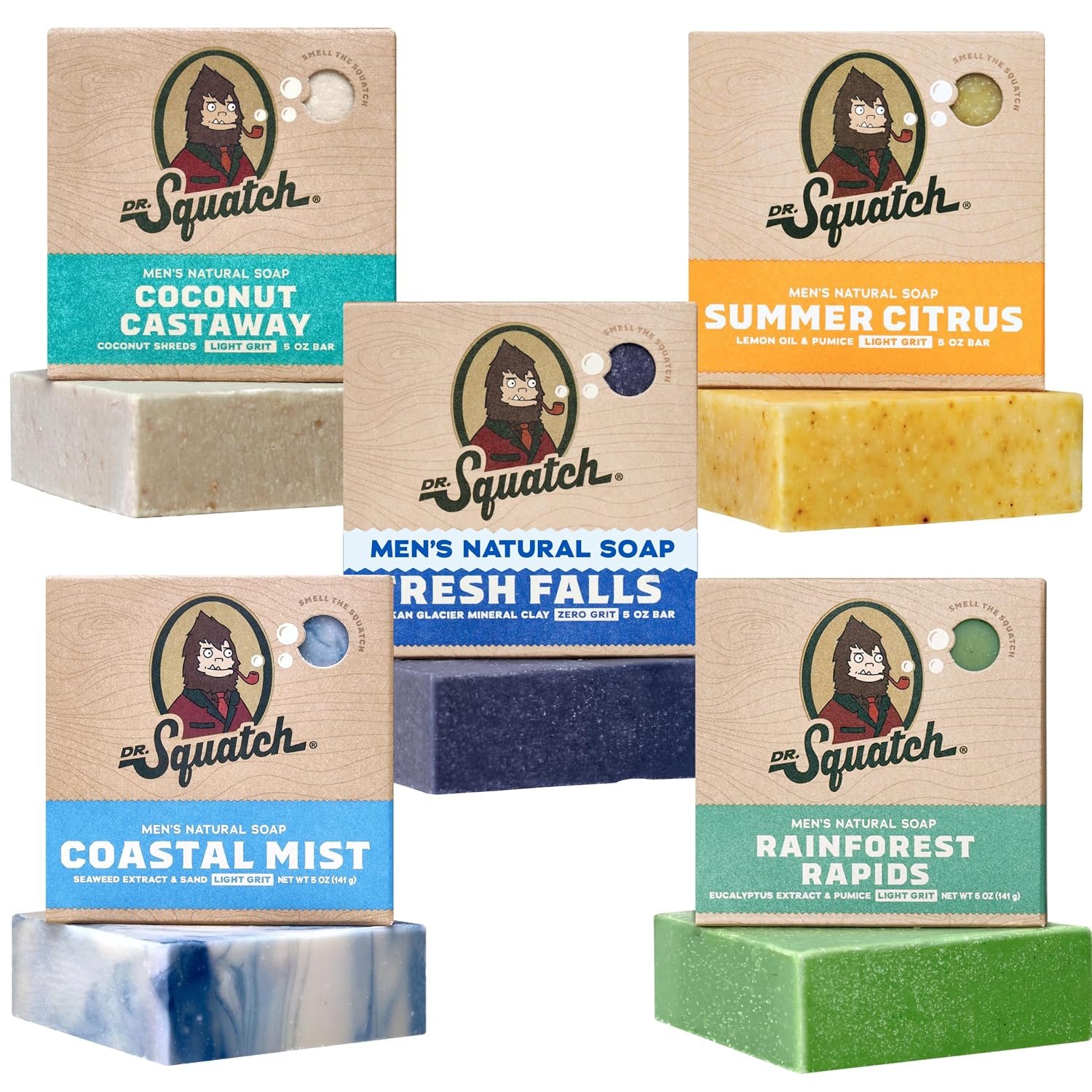 Dr. Squatch Natural Men’s Bar Soap – Cold Process Body Soap Bar with Natural Oils – Gifts for Men – Summer Citrus, Coconut Castaway, Fresh Falls, Coastal Mist & More (5 oz, 5-Pack, Scents May Vary)