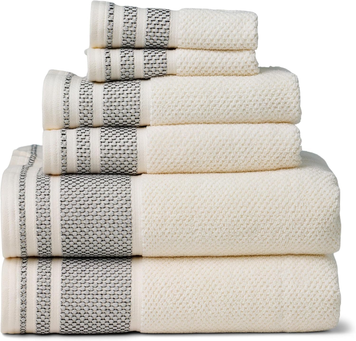 Texere 100% Organic Cotton Rice Weave Jacquard 700 GSM Luxury Bath Towel Set – 2 Large Bath Towels, 2 Hand Towels, 2 Washcloths (Rice Weave, Cream w/Blk, 6 Piece)