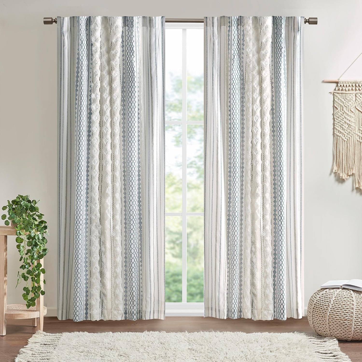 INK+IVY 100% Cotton Boho Window Curtain, Single Panel, 50×95 White/Navy