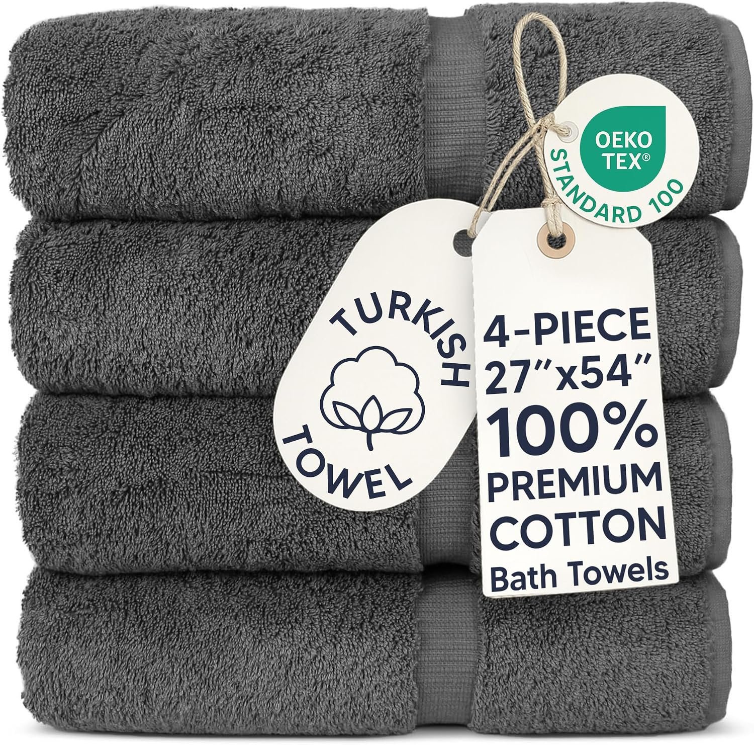 Chakir Turkish Linens 100% Cotton 4-Pack Bath Towels 27×54, Dark Gray