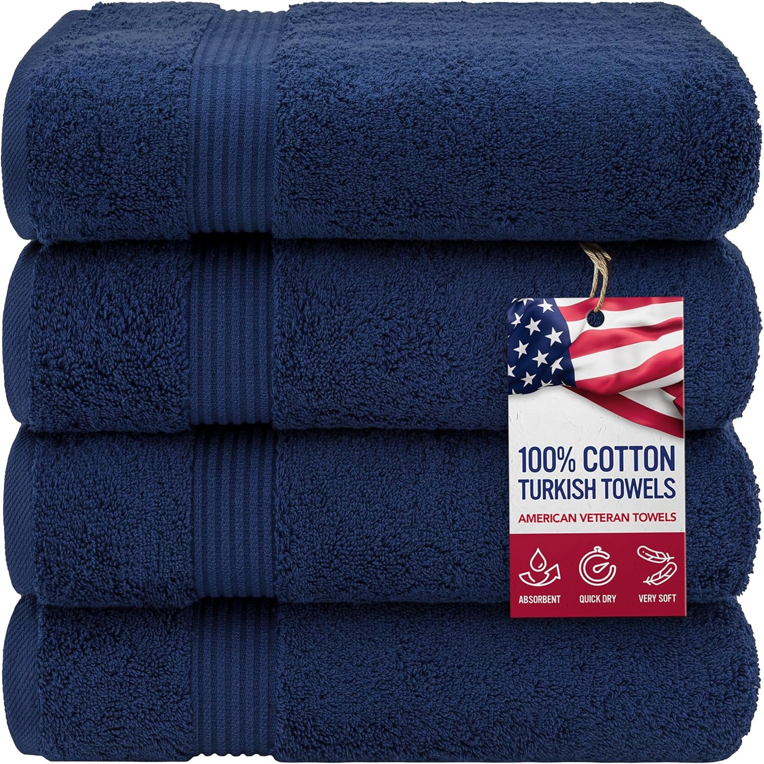 American Veteran Towel, 100% Cotton Turkish Bath Towels for Bathroom 4 Pack, 27×54 Extra Large Premium Soft Drying Bathroom Towels, Navy Blue