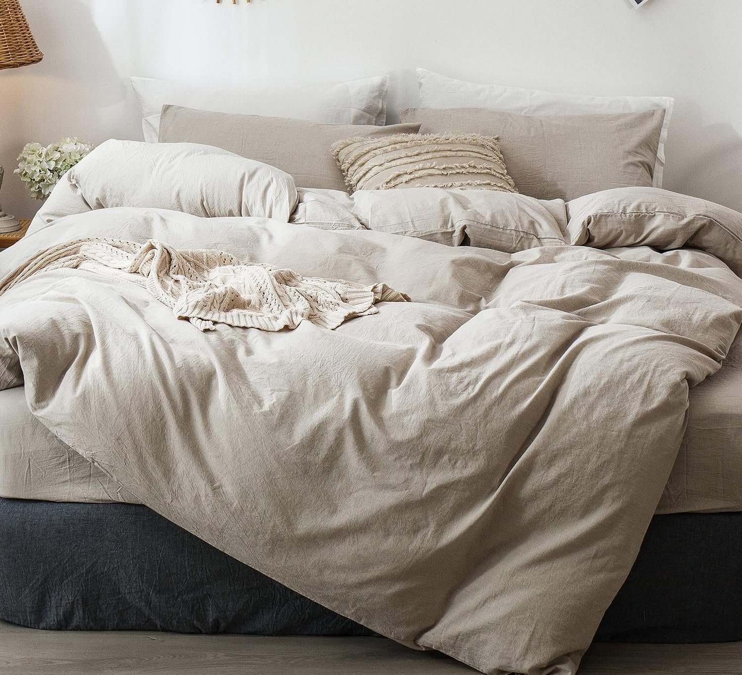 MooMee Duvet Cover Set 100% Washed Cotton Linen Like King