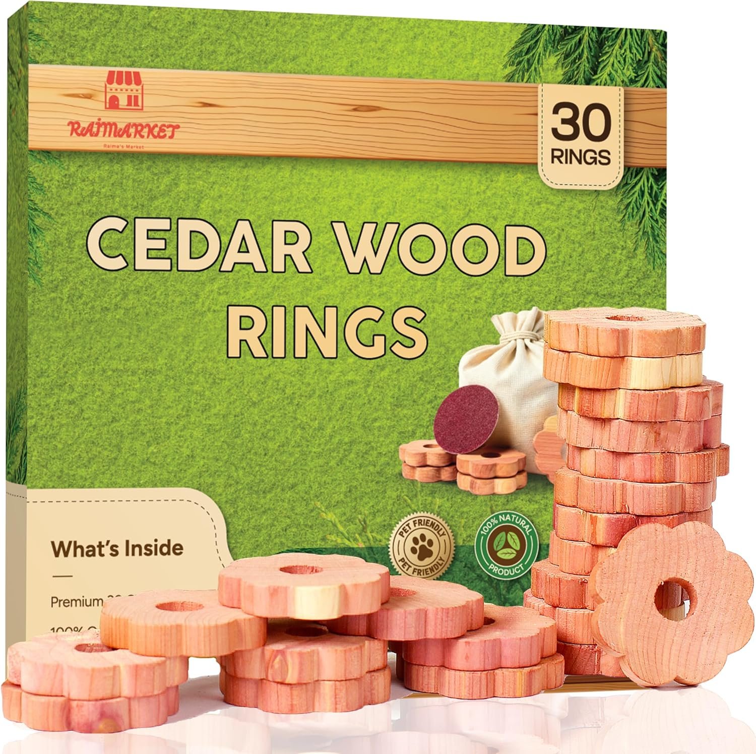 Cedar Blocks for Clothes Storage – Raimarket 30 Pack Cedar Rings – 100% Natural Aromatic Cedar Wood Chips for Closets, Wardrobe, Drawers & Shelves – Scented Wardrobe Freshener
