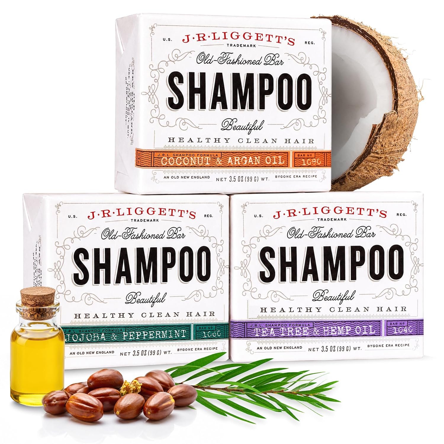J.R.LIGGETT’S All-Natural Shampoo Bar, Supports Strong & Healthy Hair (Tea Tree, Jojoba & Peppermint, Coconut & Argan Oil, 3-Pack)