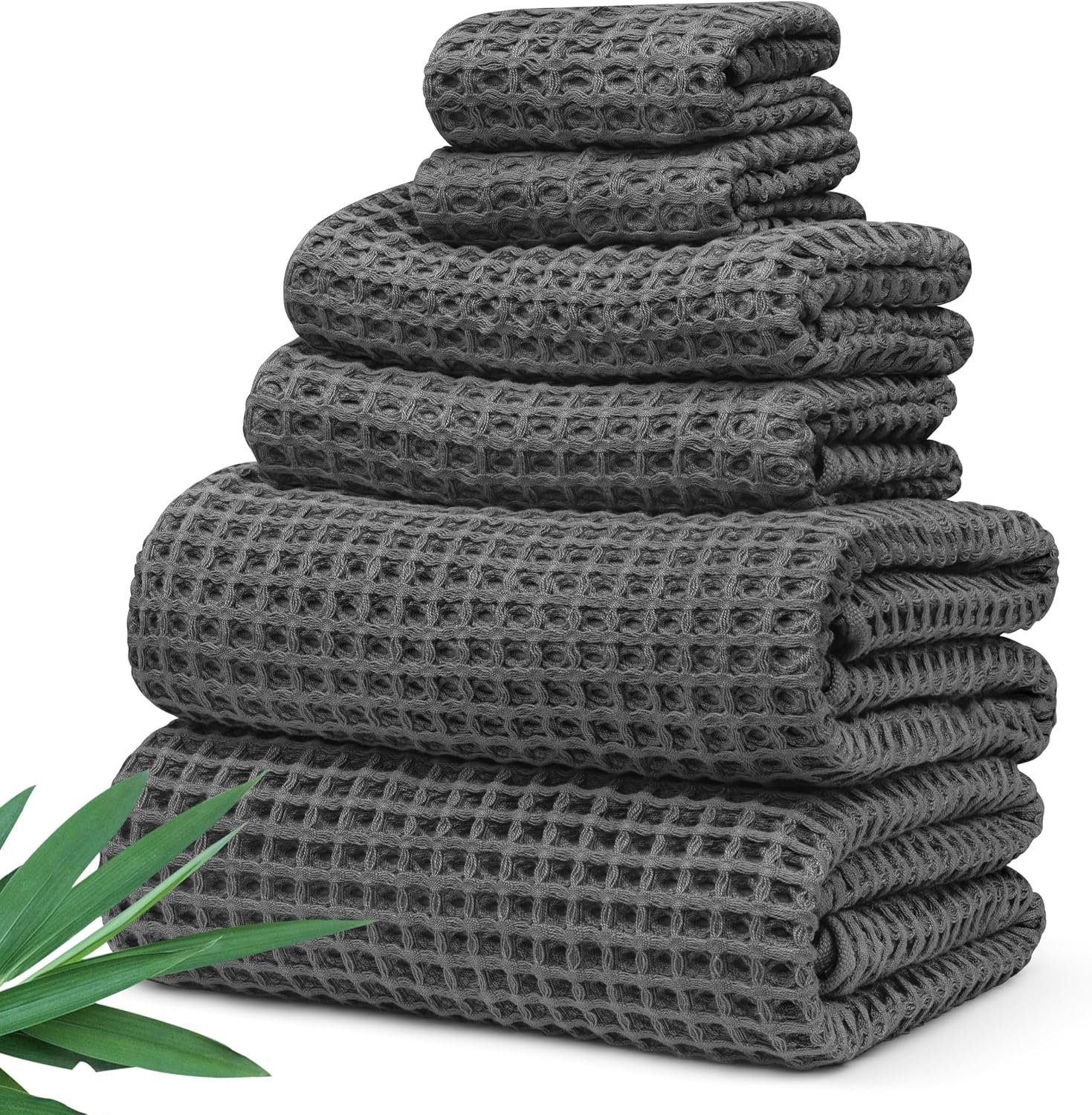 Alusa Home Luxury Waffle Bath Towel Set of 6, Ultra Soft, Granite Grey