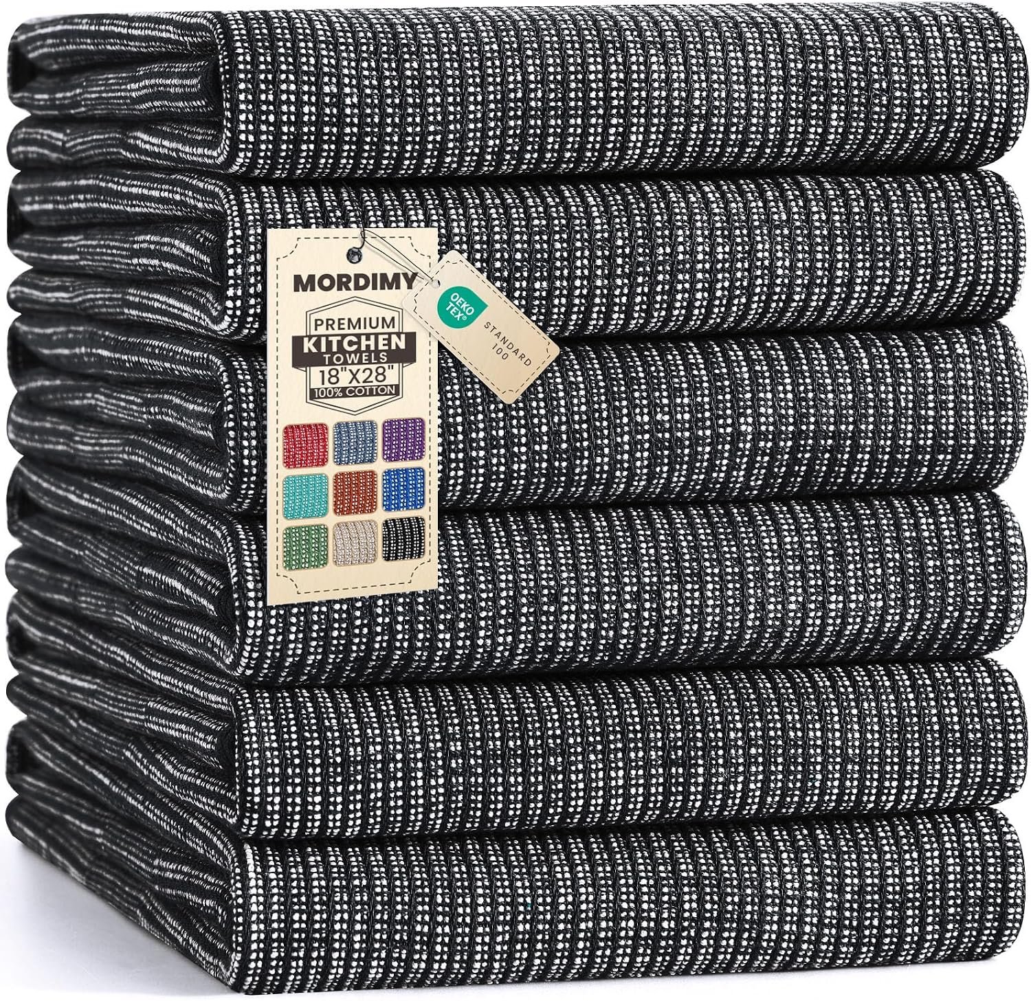 Mordimy Premium Large Cotton Kitchen Towels (18″x 28″, 6 Pack), Black