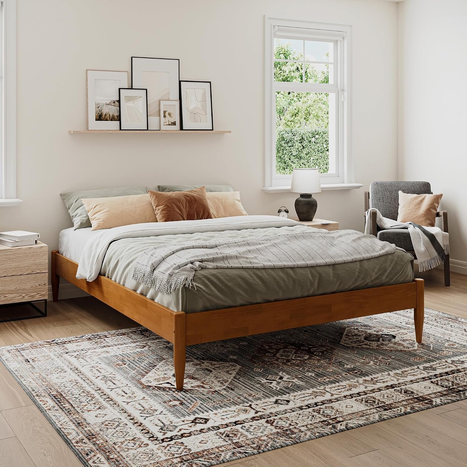 AFI, Pasadena 12″ Queen Wood Mid Century Modern Low Profile Platform Bed, Light Toffee