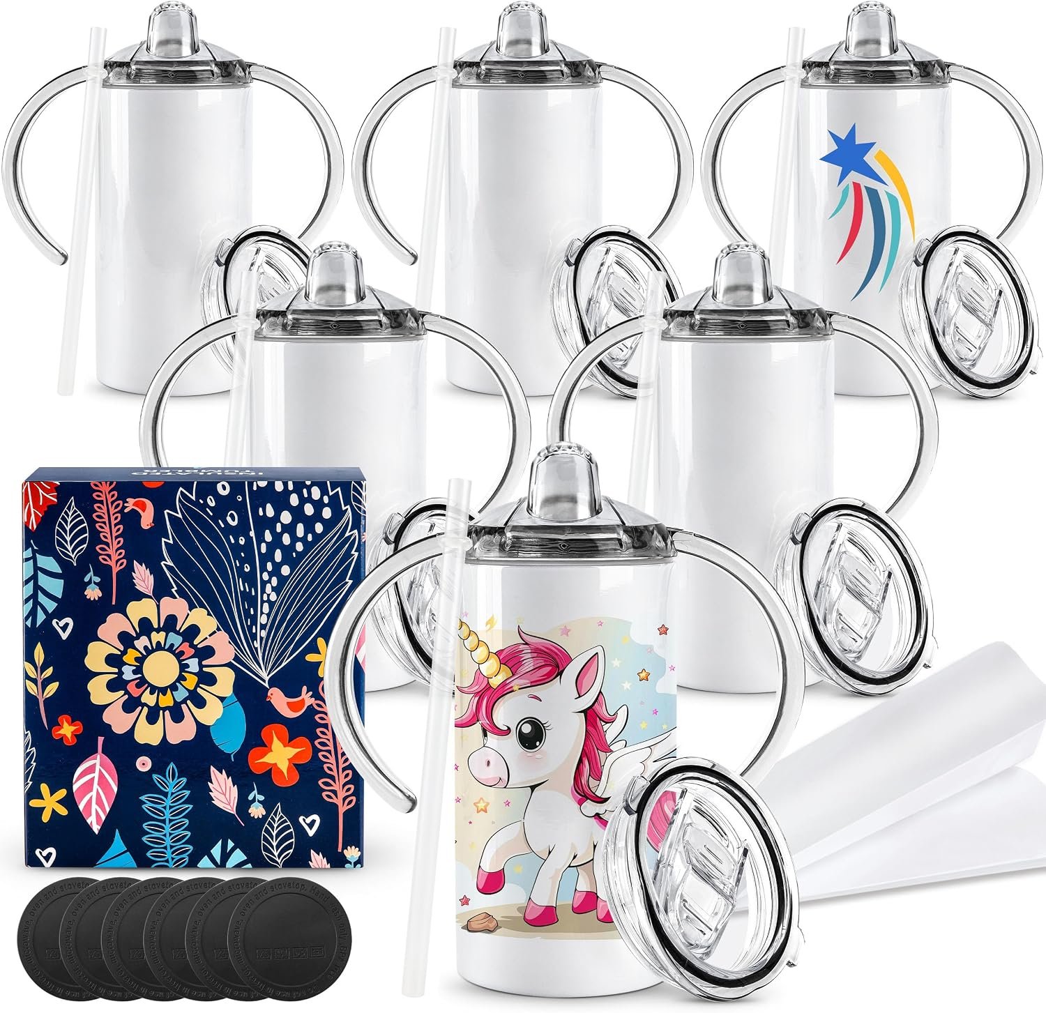 Joyclub 6 Pack 12 oz Kids Sublimation Sippy Cups with Two Type Lids