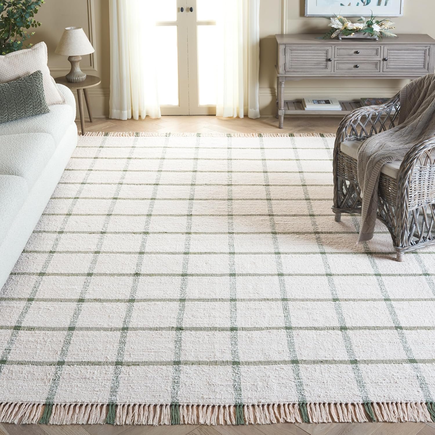 SAFAVIEH Area Rug 9×12 – Montauk Collection – Large – Scandinavian Design, Ivory & Green, Cotton, Hand Woven Pattern, Ideal for Living Room, Bedroom, Dining Space (MTK322Y)