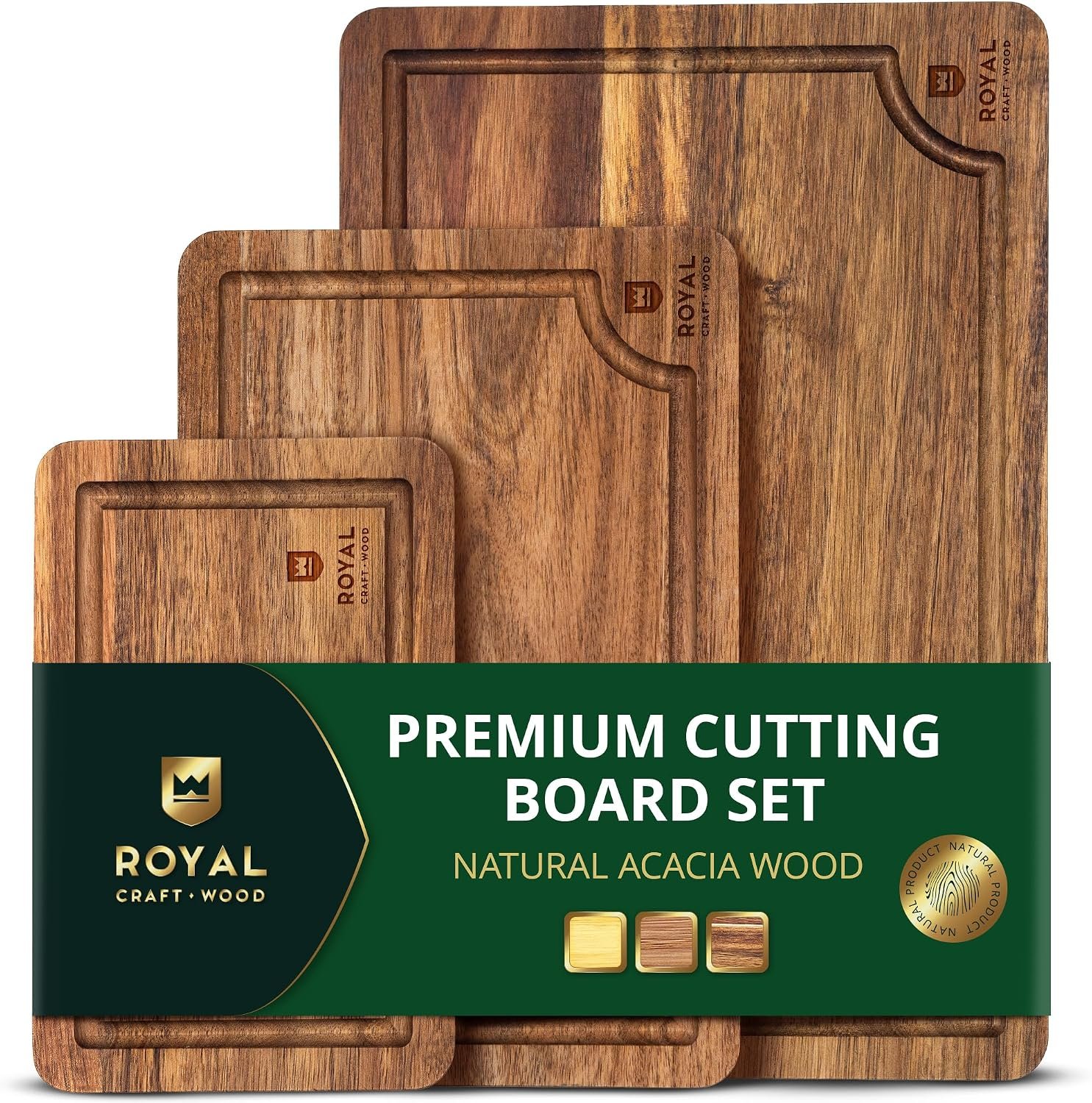 ROYAL CRAFT WOOD Wooden Cutting Boards for Kitchen Meal Prep & Serving – Bamboo Wood Serving Board Set with Deep Juice Groove Side Handles – Charcuterie & Chopping Butcher Block for Meat