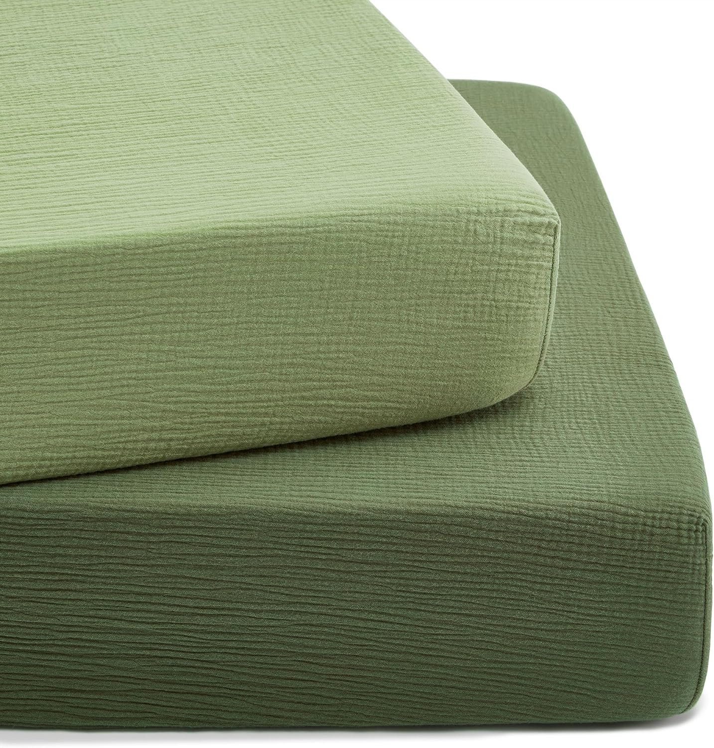 TILLYOU 2 Pack Muslin Crib Sheet for Boys and Girls – 100% Cotton Fitted Crib Sheet for Toddler Standard Crib Mattress, Soft and Breathable, 52″x28″, Forest Green&Light Green
