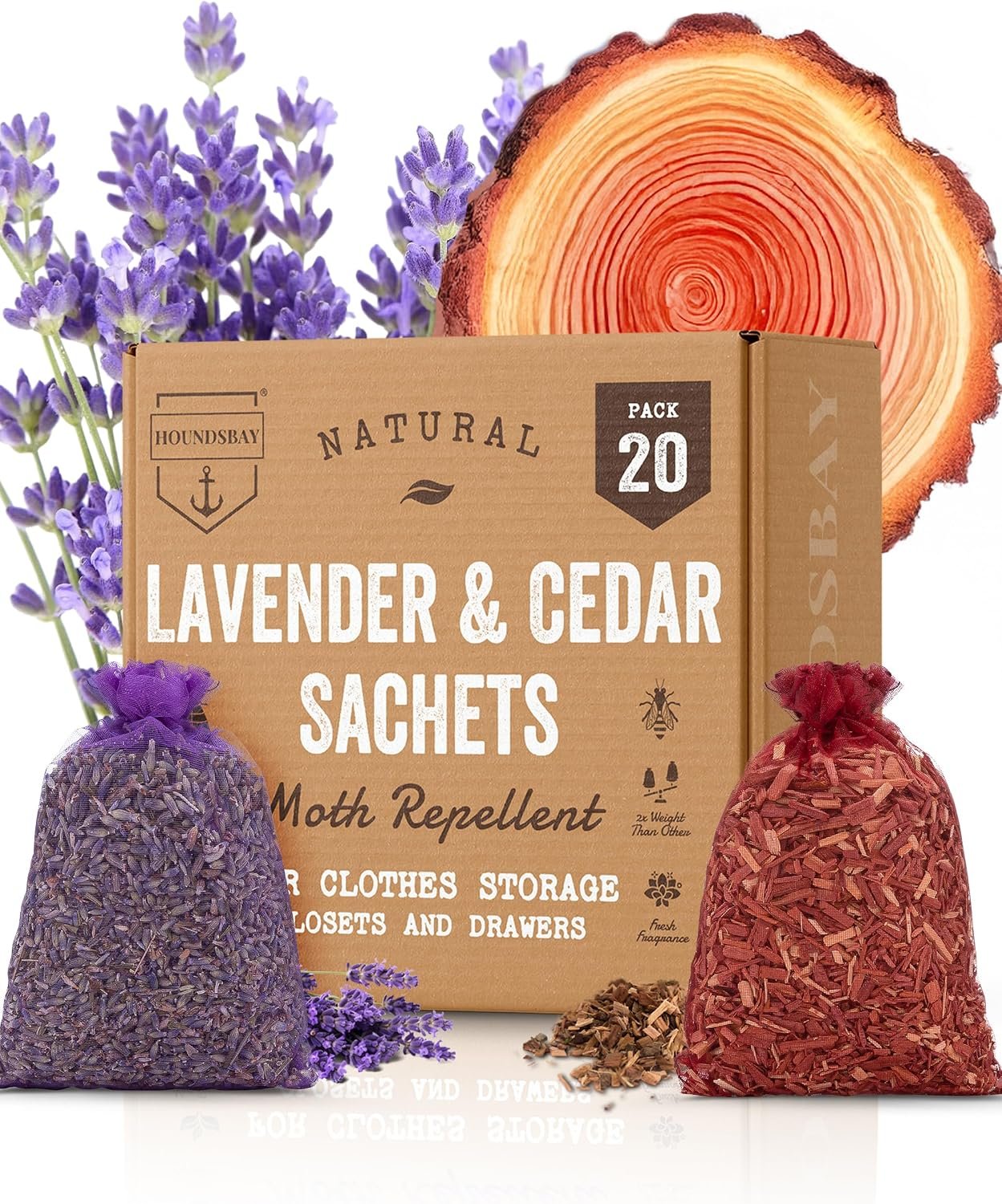 HOUNDSBAY Cedar and Lavender Sachets for Drawers and Closets 20 Packs