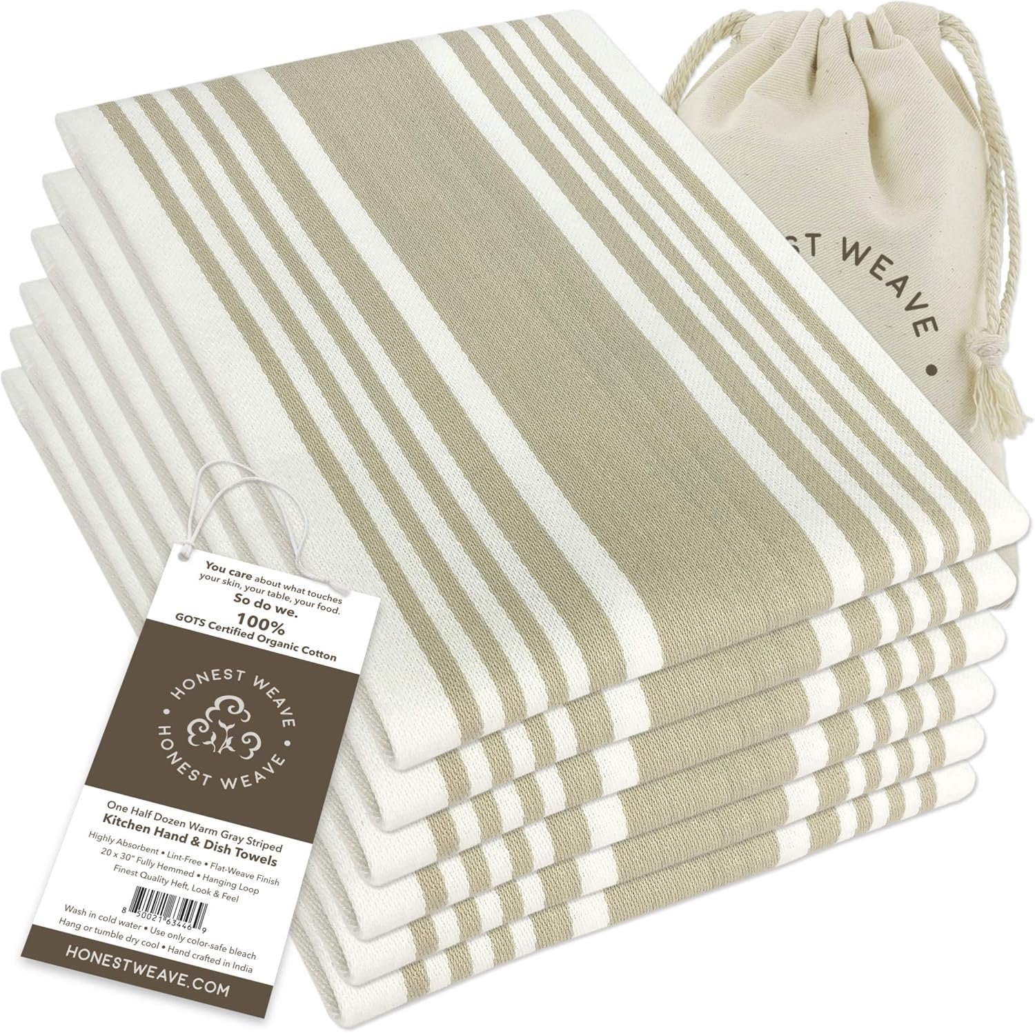 HONEST WEAVE GOTS Certified Organic Cotton Kitchen Hand and Dish Towel Sets – Oversized 20×30 inches, Fully Hemmed, in Designer Colors, 6-Pack, Warm Gray/Taupe Stripe