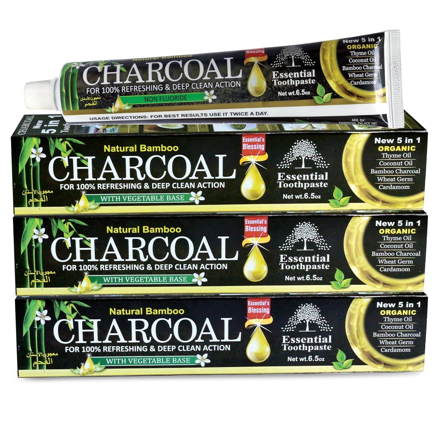 Natural Charcoal Essential Toothpaste | Fluoride Free| 6.53 oz Pack of 3
