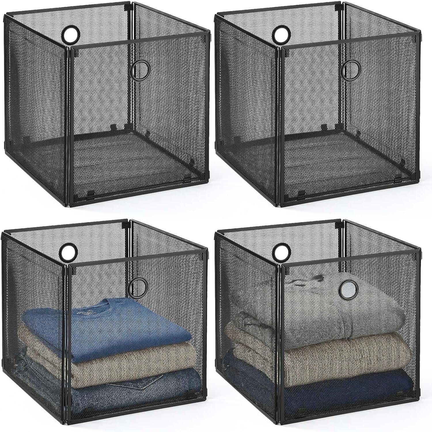 4 Pcs Foldable Metal Cube Storage Baskets, 13x13in, Black