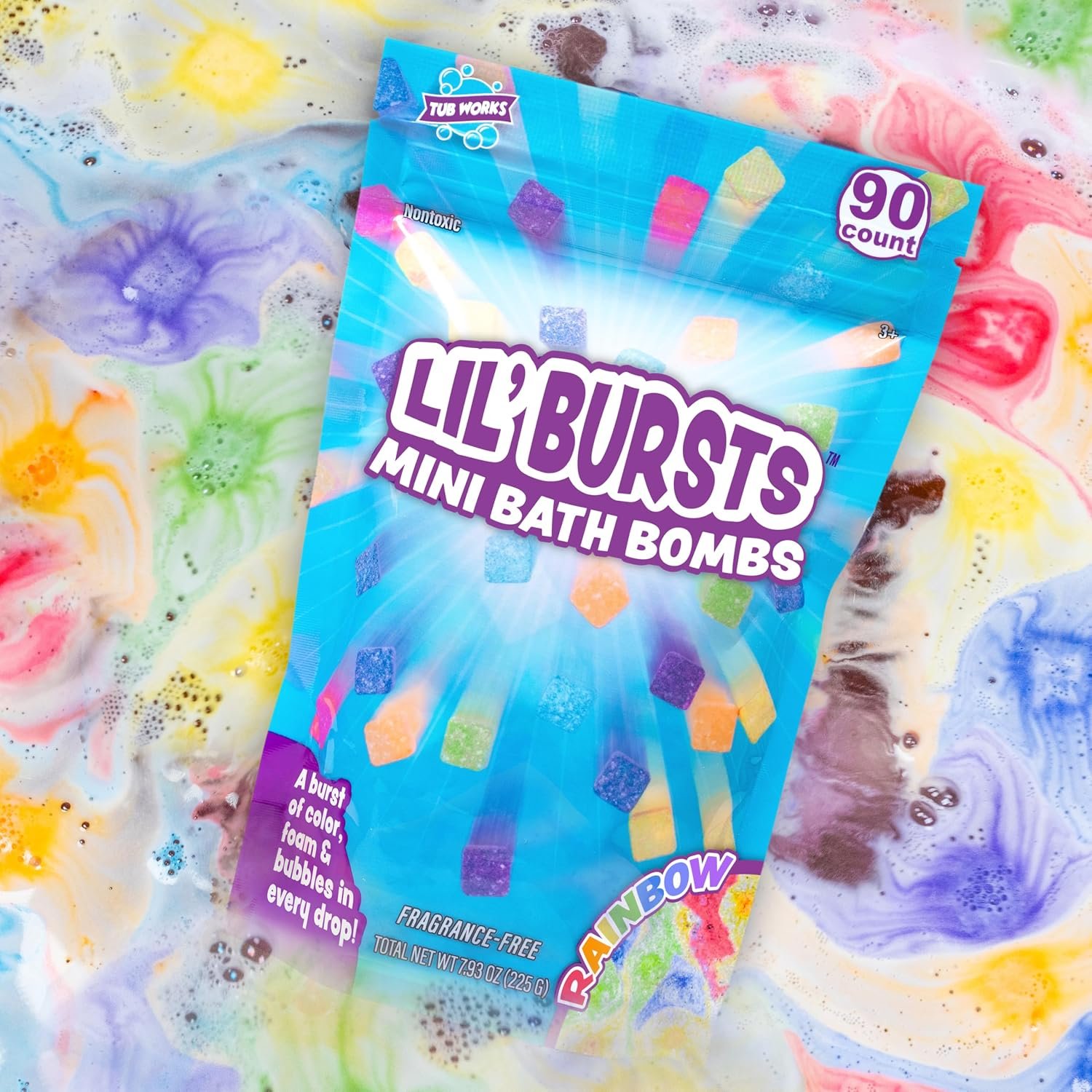 Tub Works® Lil’ Bursts™ Mini Bath Bombs for Kids, 90 Count, Rainbow | Nontoxic | Tiny Kids Bath Bombs with A Burst of Color, Foam & Bubbles | Customize Toddler Bath with 7 Colors | Make Bathtub Art