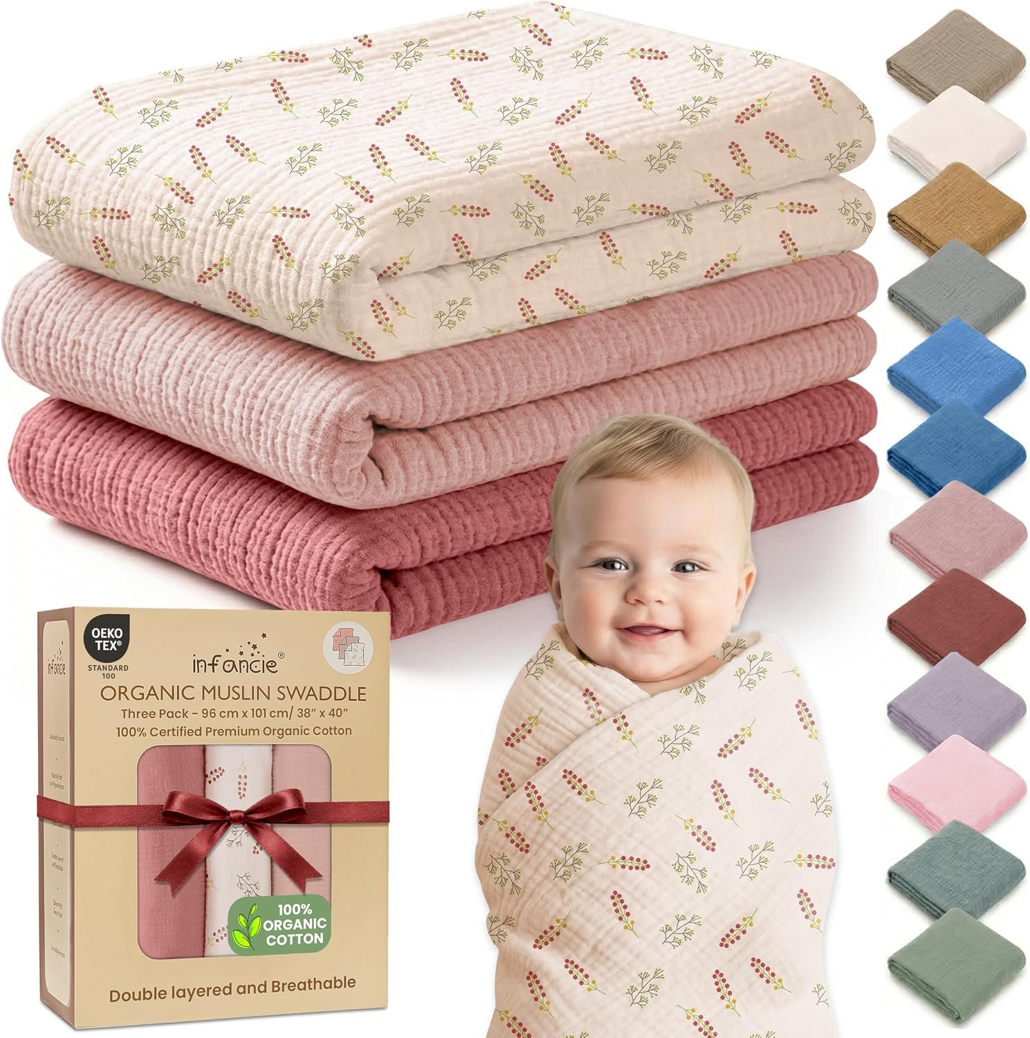 100% Organic Cotton 3 PK Baby Muslin Blanket Girl Gift 38×40 Inch