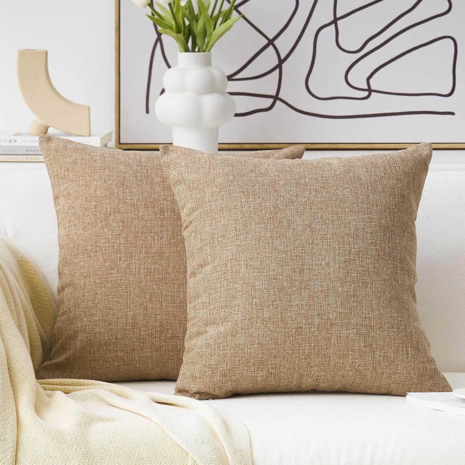 Home Brilliant Linen Throw Pillow Covers 18×18 Burlap Decorative Pillow Covers Farmhouse Throw Pillows for Couch Bench Sofa, Set of 2, 18 x 18 inch, Natural Linen