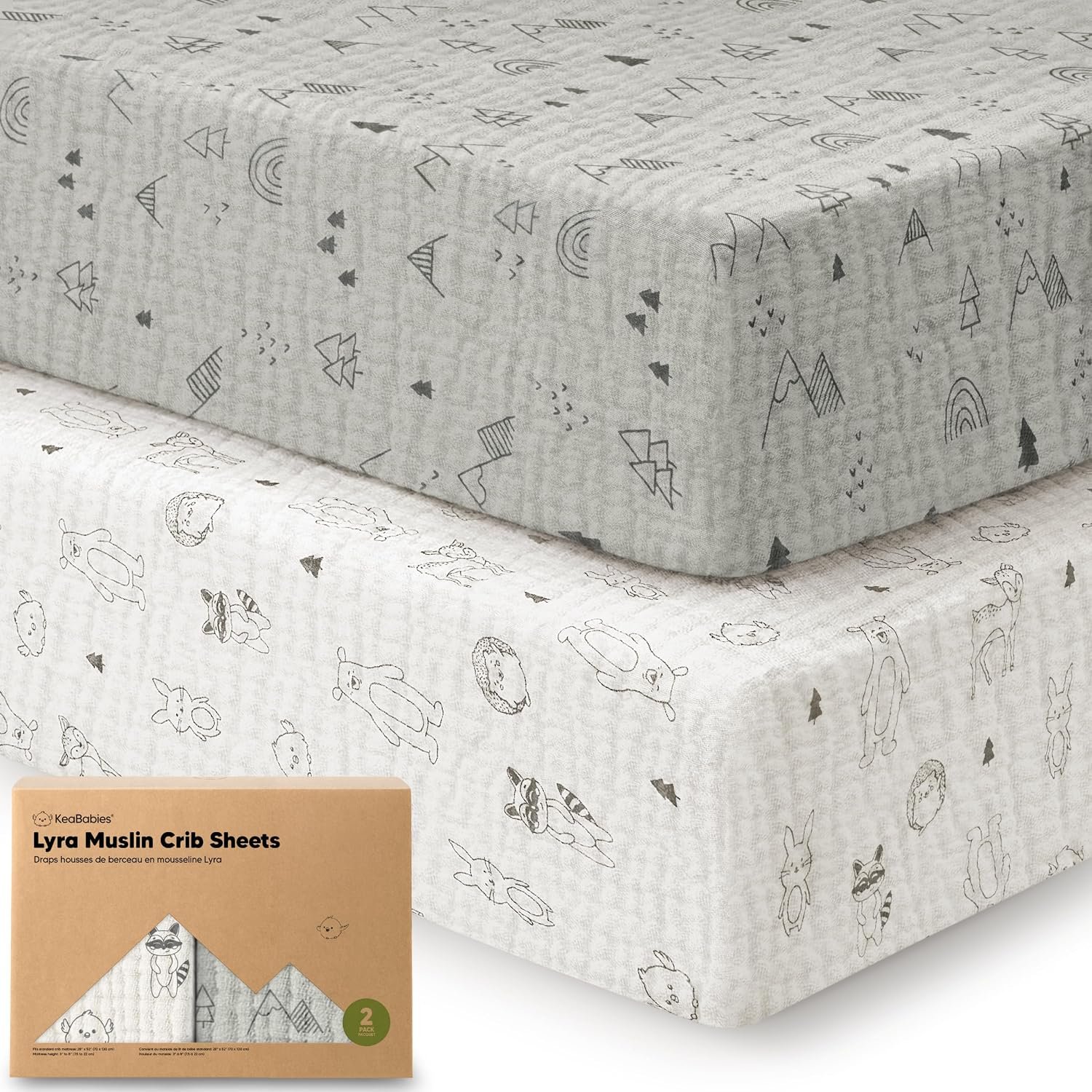 KeaBabies 2-Pack Muslin Crib Sheets for Boy, Girl, 52×28 Fitted (Woodland)