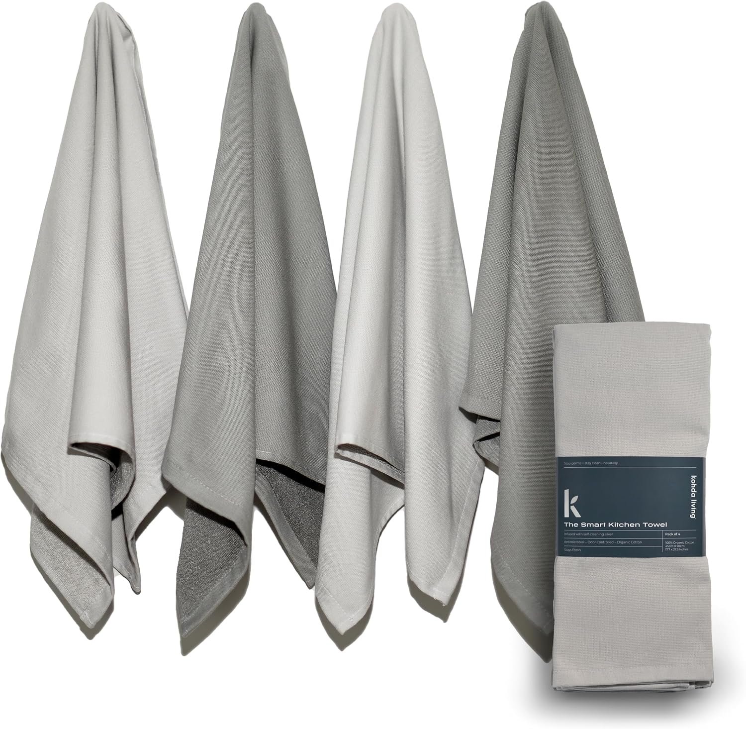 Gray Organic Kitchen Towels – Set of 4 Premium Dish and Hand Towels for Kitchen – Silver Infused 100% Organic Cotton Dish Towels, 400 GSM, 27.5″x17.7″ – Dual-Sided Terry/Smooth Cotton