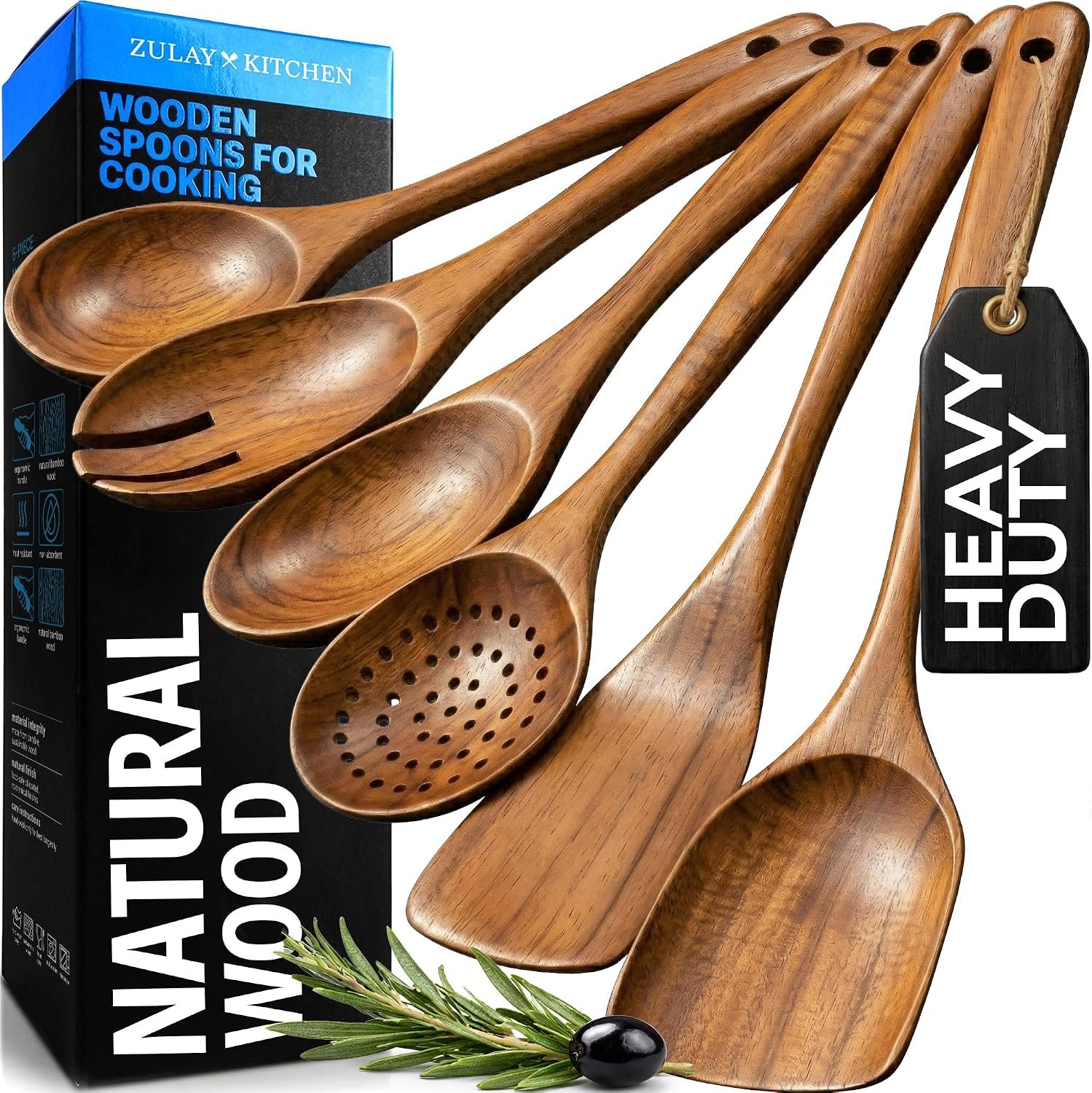 Zulay Kitchen 6 Piece Wooden Spoons for Cooking – Natural Teak Wooden Utensil Set, Easy to Clean, Durable, Smooth with Comfort Grip – Non Toxic Wooden Cooking Utensil Sets