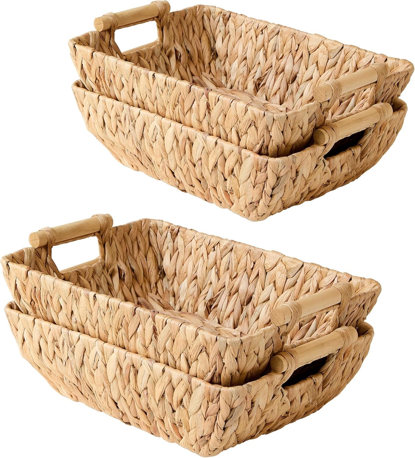 Large Wicker Basket 4 Pack, Water Hyacinth Storage Baskets with Wooden Handles for Organizing and Decor, Hand Woven Basket for Fruit, Snack, Gifts and Shelves, Natural