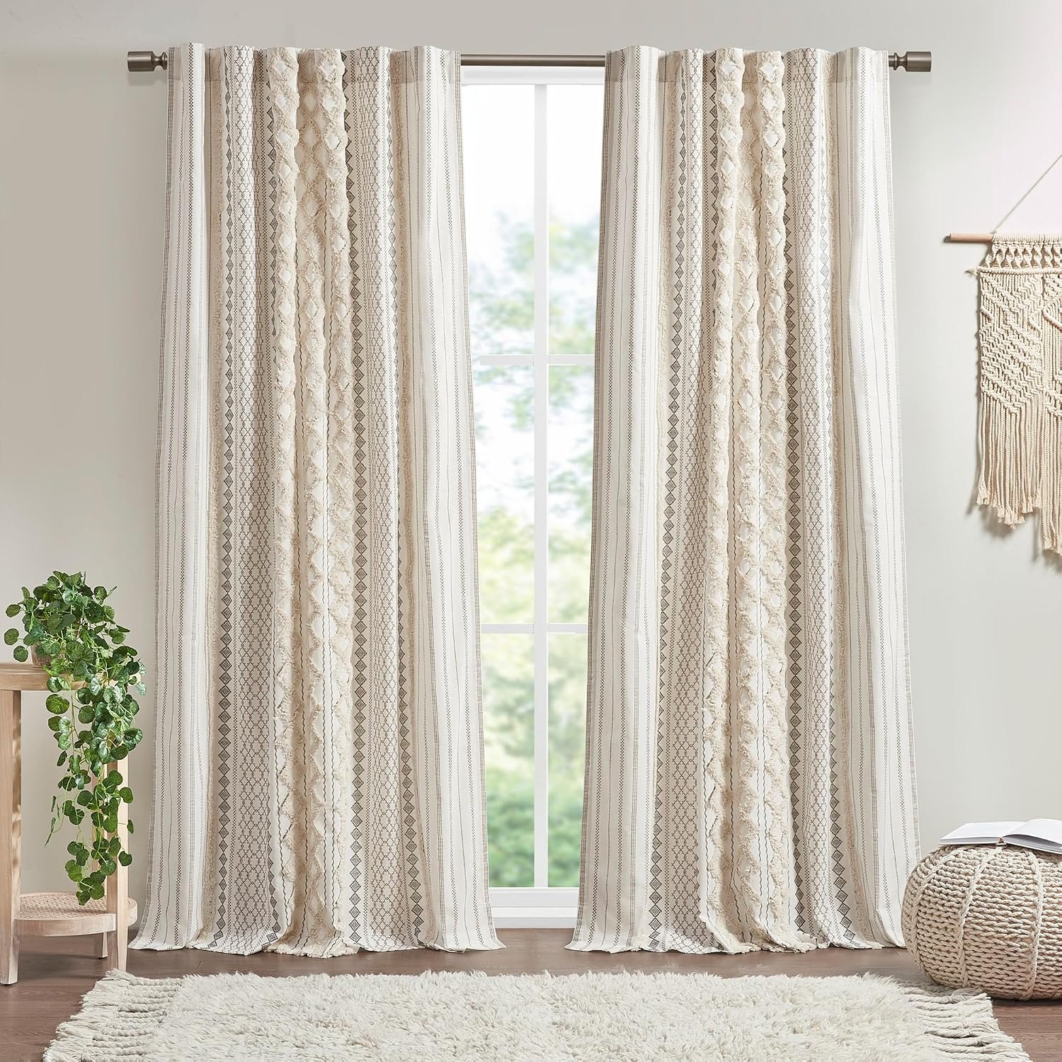 INK+IVY 100% Cotton Boho Window Curtain, Single Panel, 50×84 Ivory