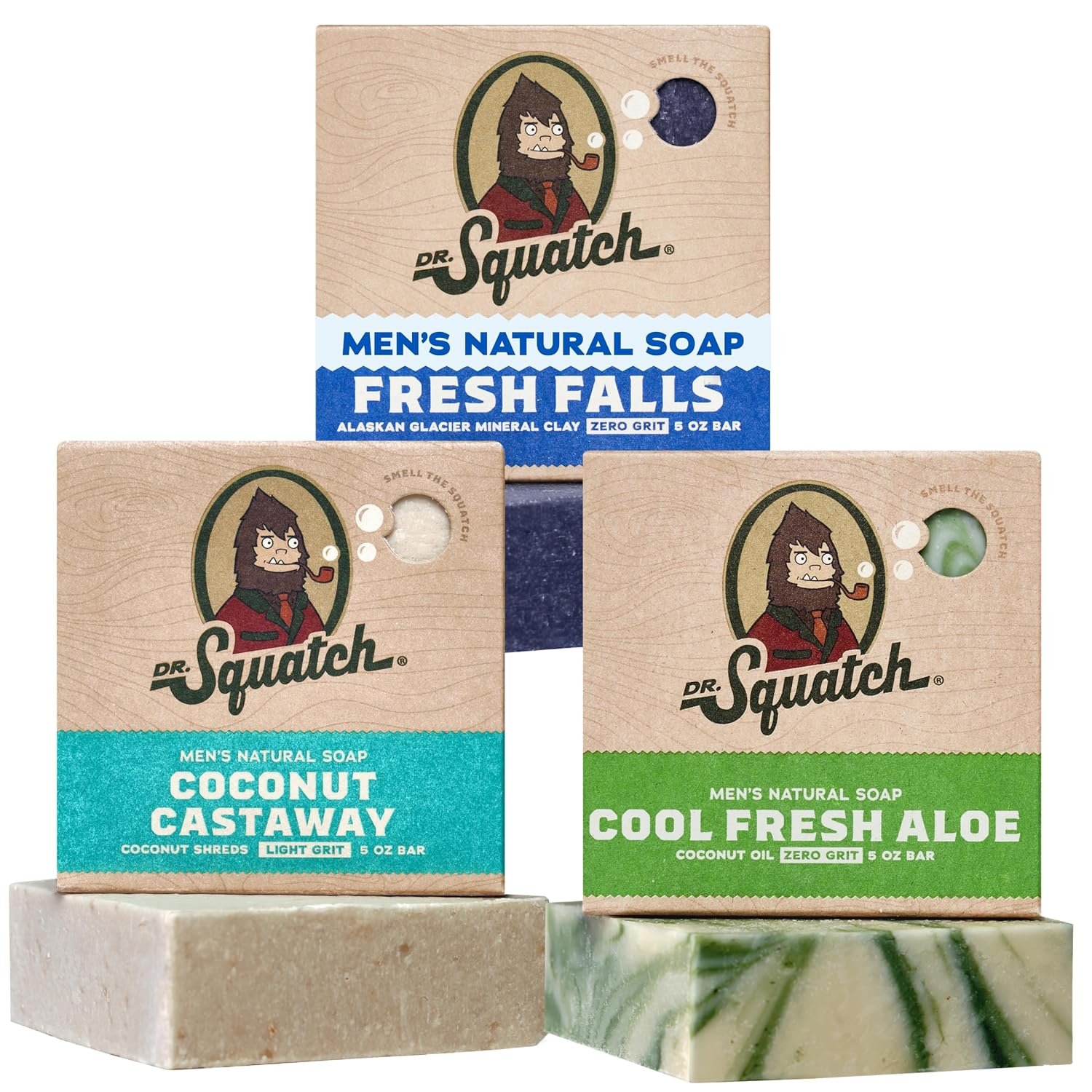 Dr. Squatch Natural Men’s Bar Soap – Cold Process Body Soap Bar with Natural Oils – Gifts for Men – Coconut Castaway, Fresh Falls & Cool Fresh Aloe (5 oz, 3-Pack)