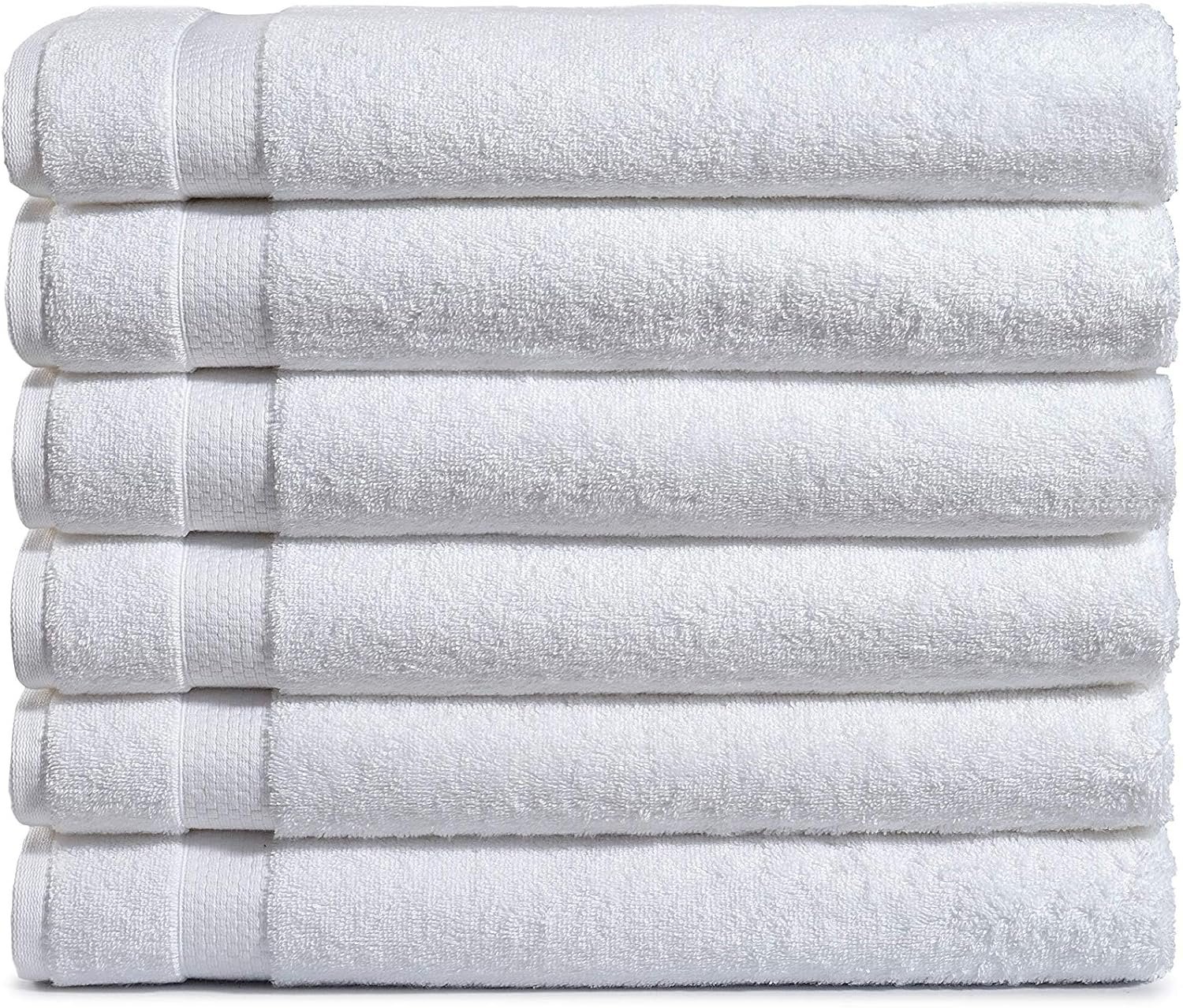 Amazon Basics 6-Pack Bath Towels, 100% Ring Spun Cotton, 600 GSM, Lightweight and Highly Absorbent, Quick Drying, Hotel Quality, 27 x 54 inches, White