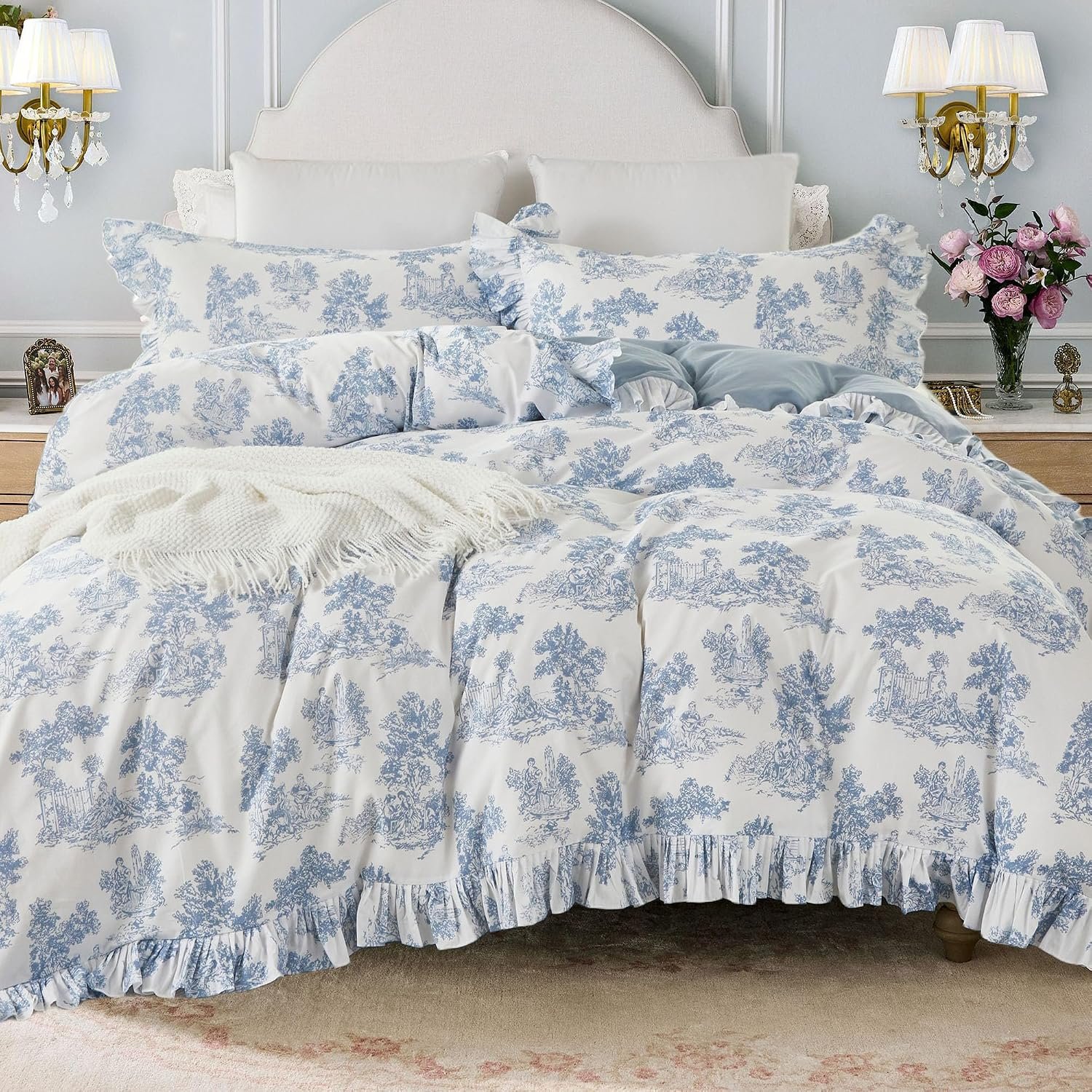 Brandream French Toile Duvet Quilt Cover King Size 100% Cotton Bedding Set Pastoral Toile Cottagecore Grandmillennial Tapestry Pattern Garden Floral Blossom Tree Delicate Ruffle Fringe Design, Blue