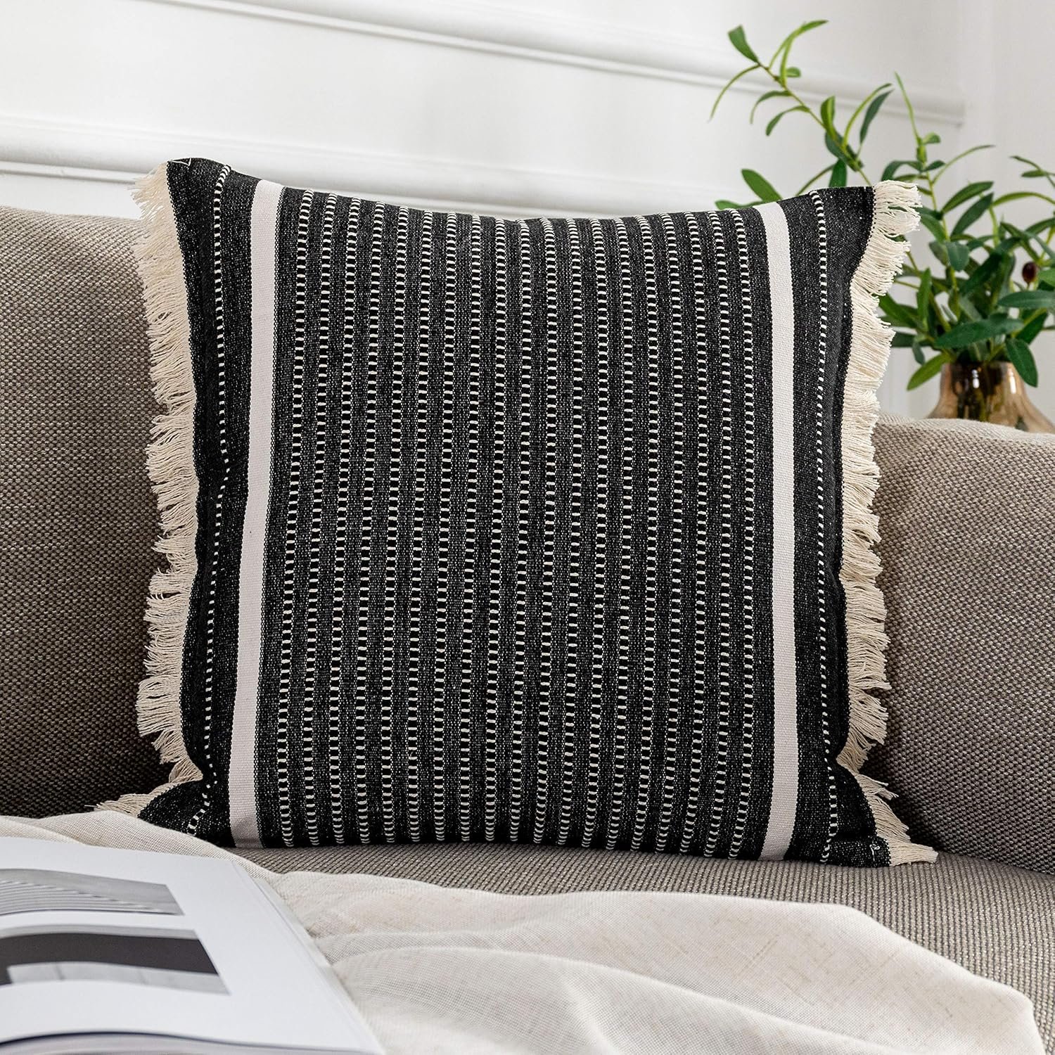 OJIA Black Pillow Covers 18×18, Striped Throw Pillows Cover with Tassels