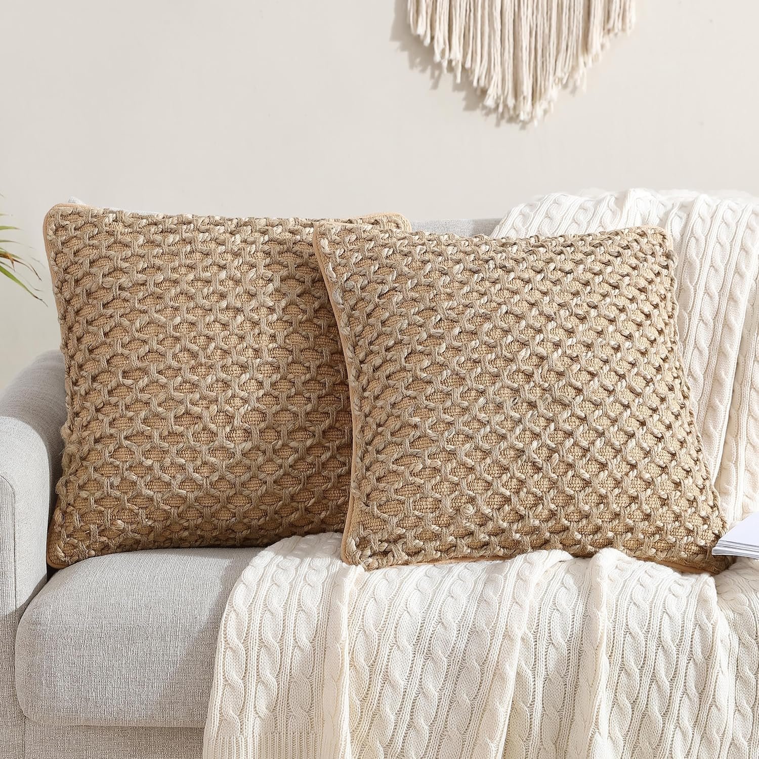 Boho Living Jada Decorative Throw, Includes Accent Insert, Premium Woven Design, Living Room Décor, (2) 20″ x 20″ Pillow Covers, Beige 2 Count