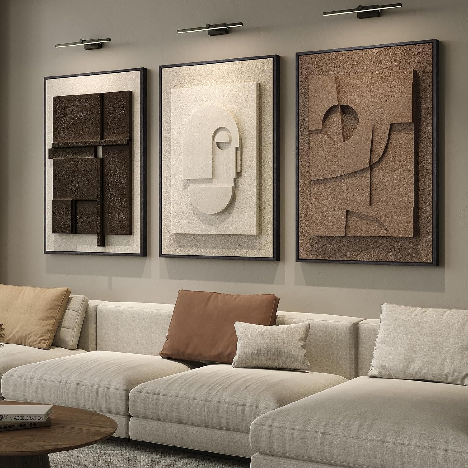 3D Large Framed Brown Abstract Wall Art for Living Room, 3Piece 24×36 In