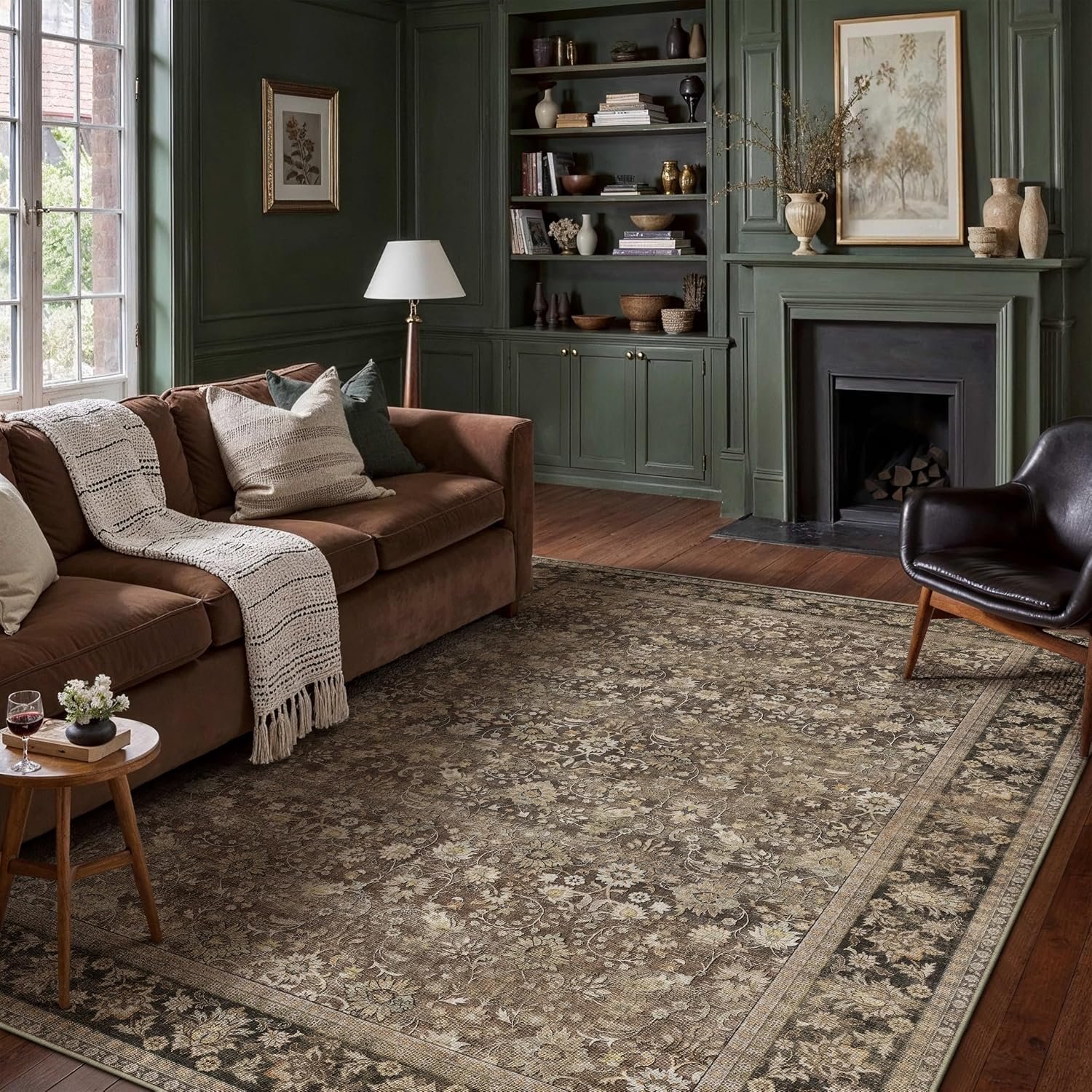 HUGEAR 8×10 Brown Vintage Floral Washable Area Rug for Living Room